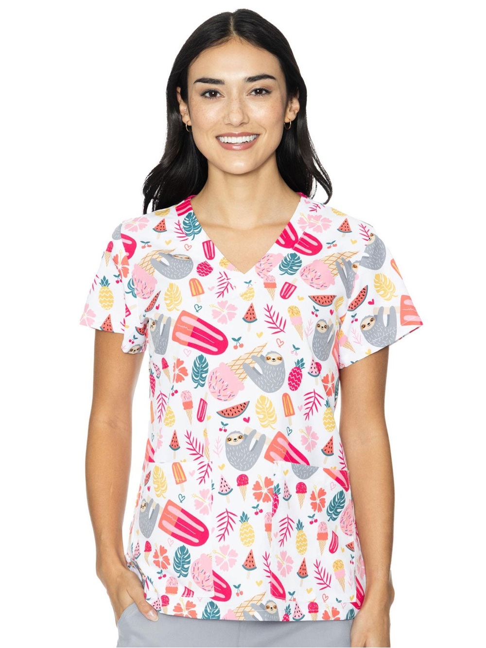 Med Couture Women XL Vicky Sloth Party Print Scrub white pink medical nwot
